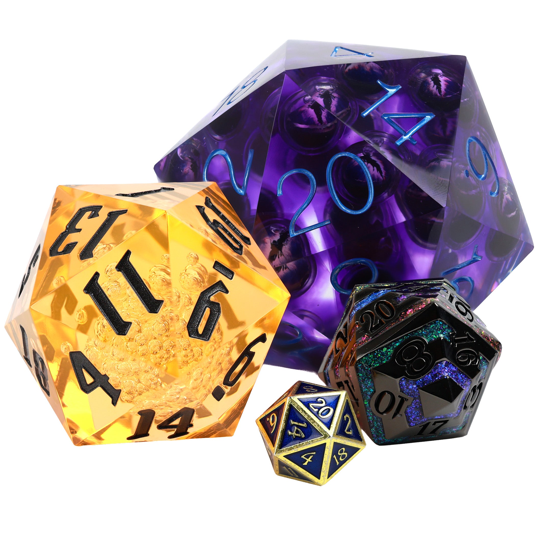 80mm Watcher Purple Liquid Core dnd dice  with other dice for scale