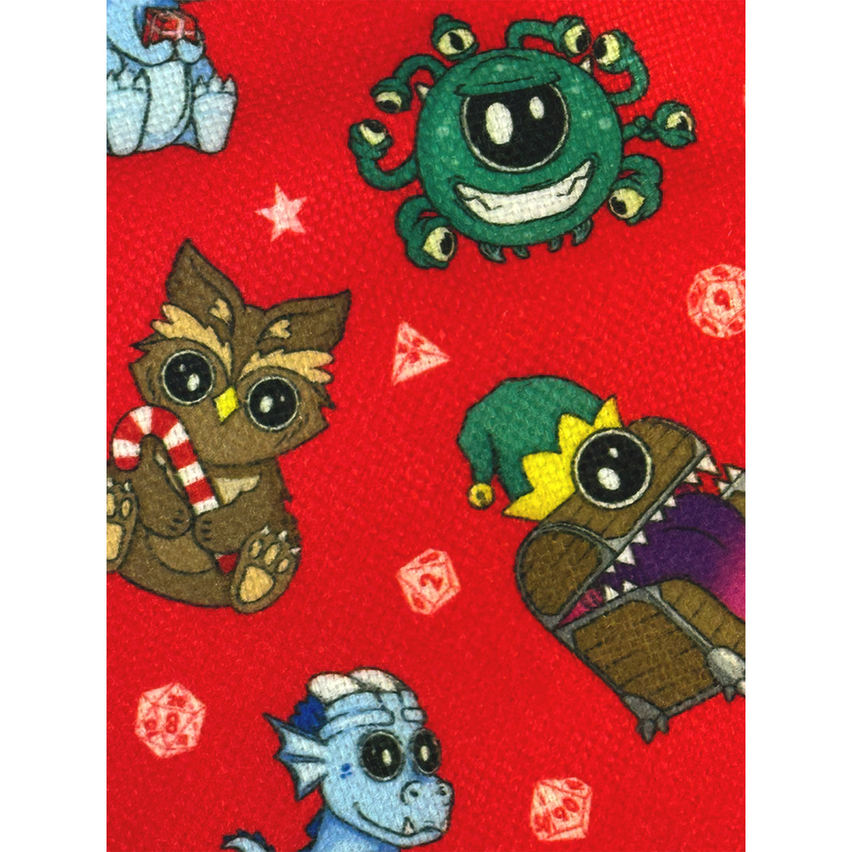 red stocking close up showing  animated dnd characters, an owlbear, a dragon and a beholder.