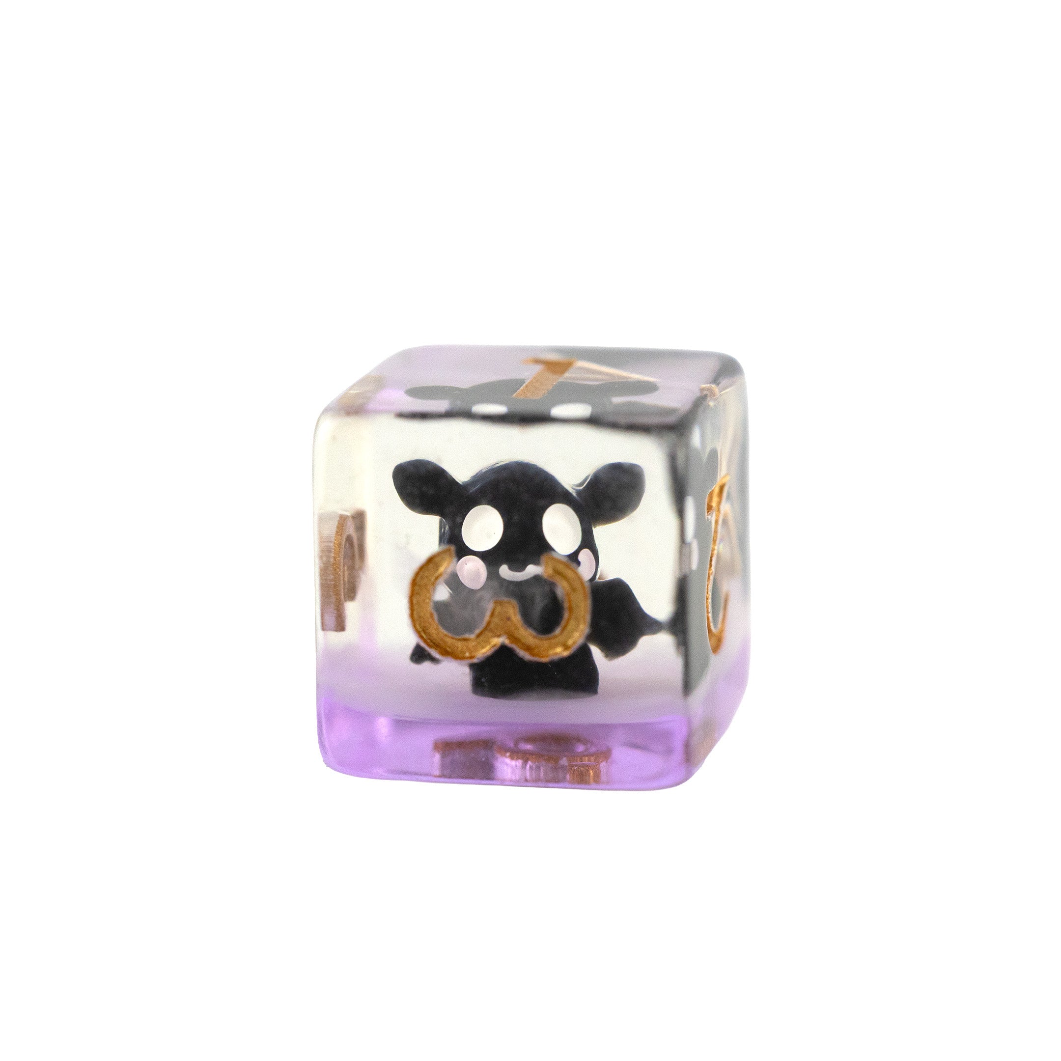 DND dice, gold numbers with a lack bat and pink swirls in resin. D6