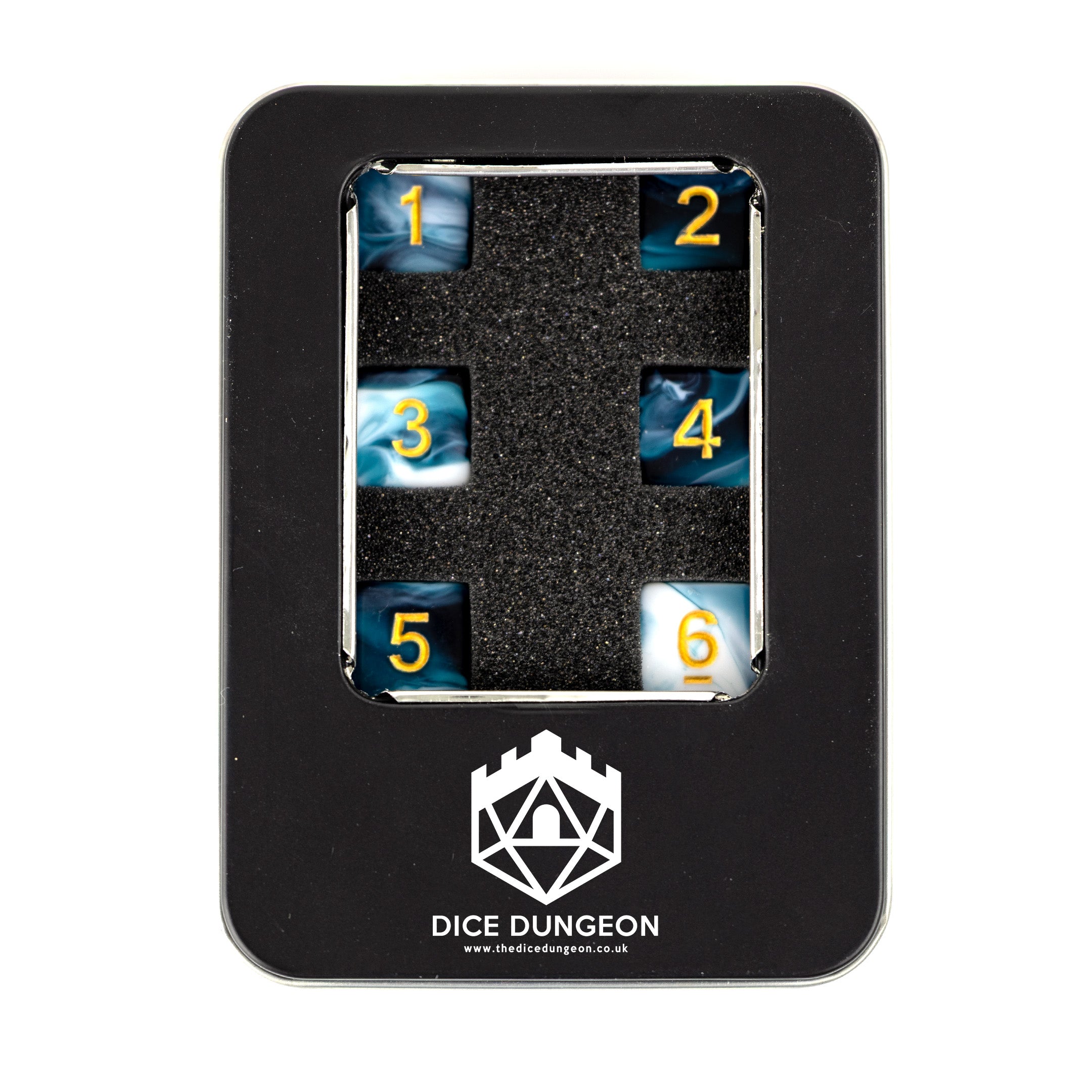 Sea Salt swirl D6 dice set with tin