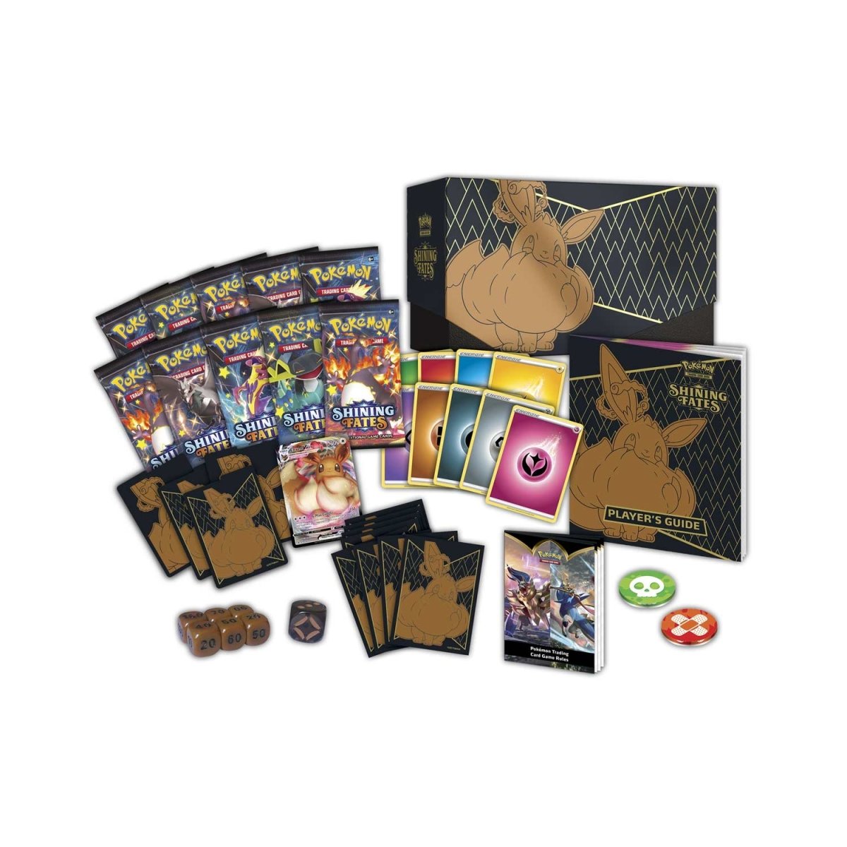 Pokemon TCG: Shining Fates ETB box contents including packs, promo card, dice & sleeves