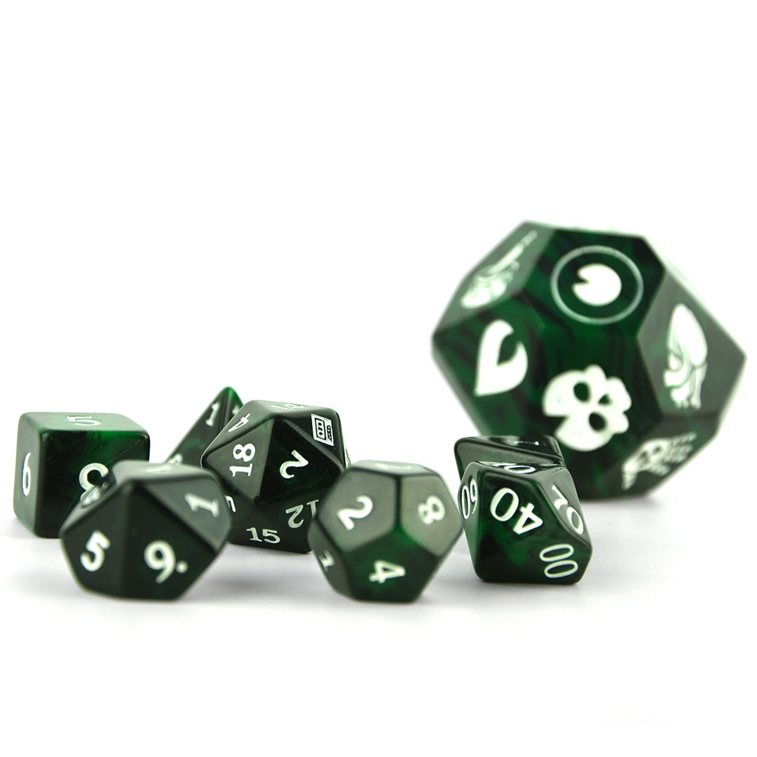 The Magnus Archives Entities Dice Set with Box. Green and black 7 piece set and D16 close up