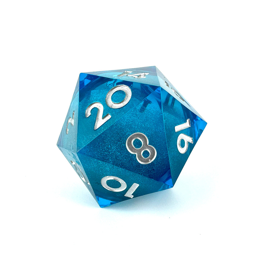 Oversized D20 55mm Blue silver Glitter and text.