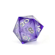 Oversized D20 55mm Purple Resin, silver Glitter and text.