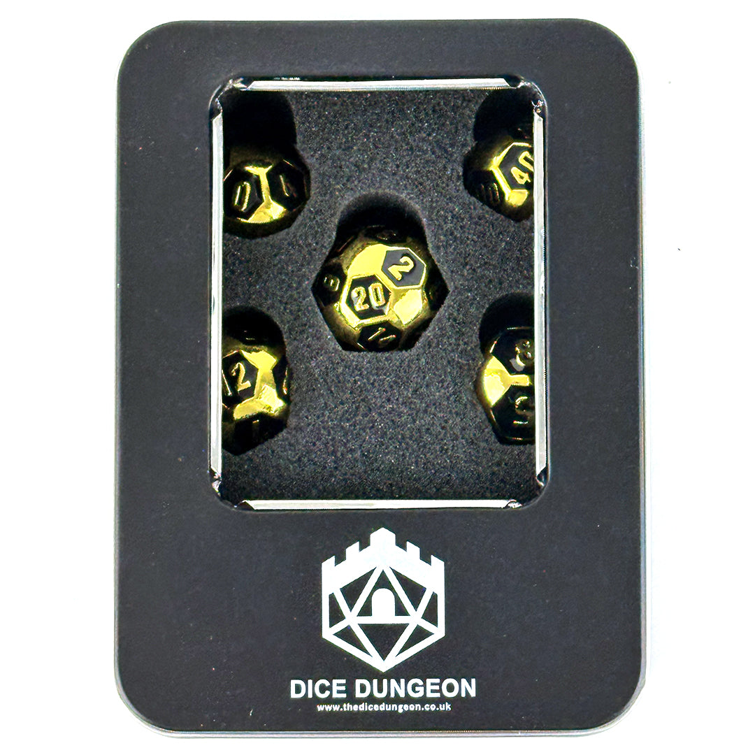 Gilded Sphere: Black dnd dice set with tin