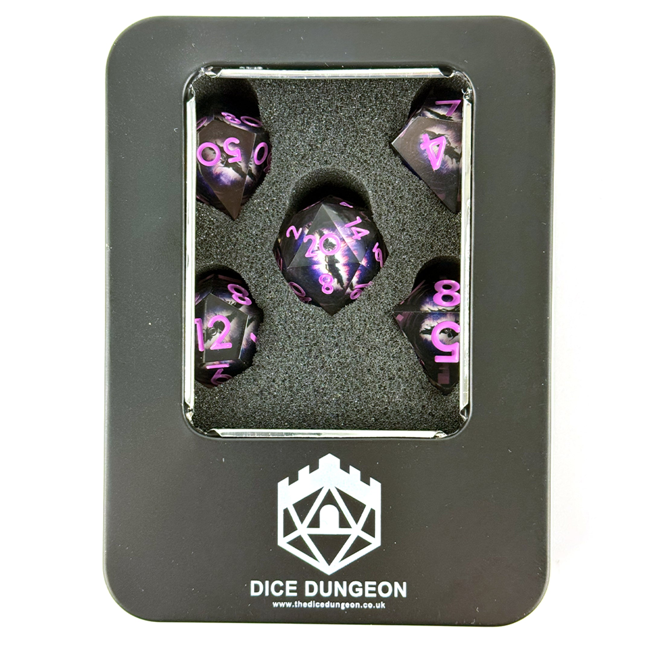 The Watcher Incanting Indigo dnd dice set with tin