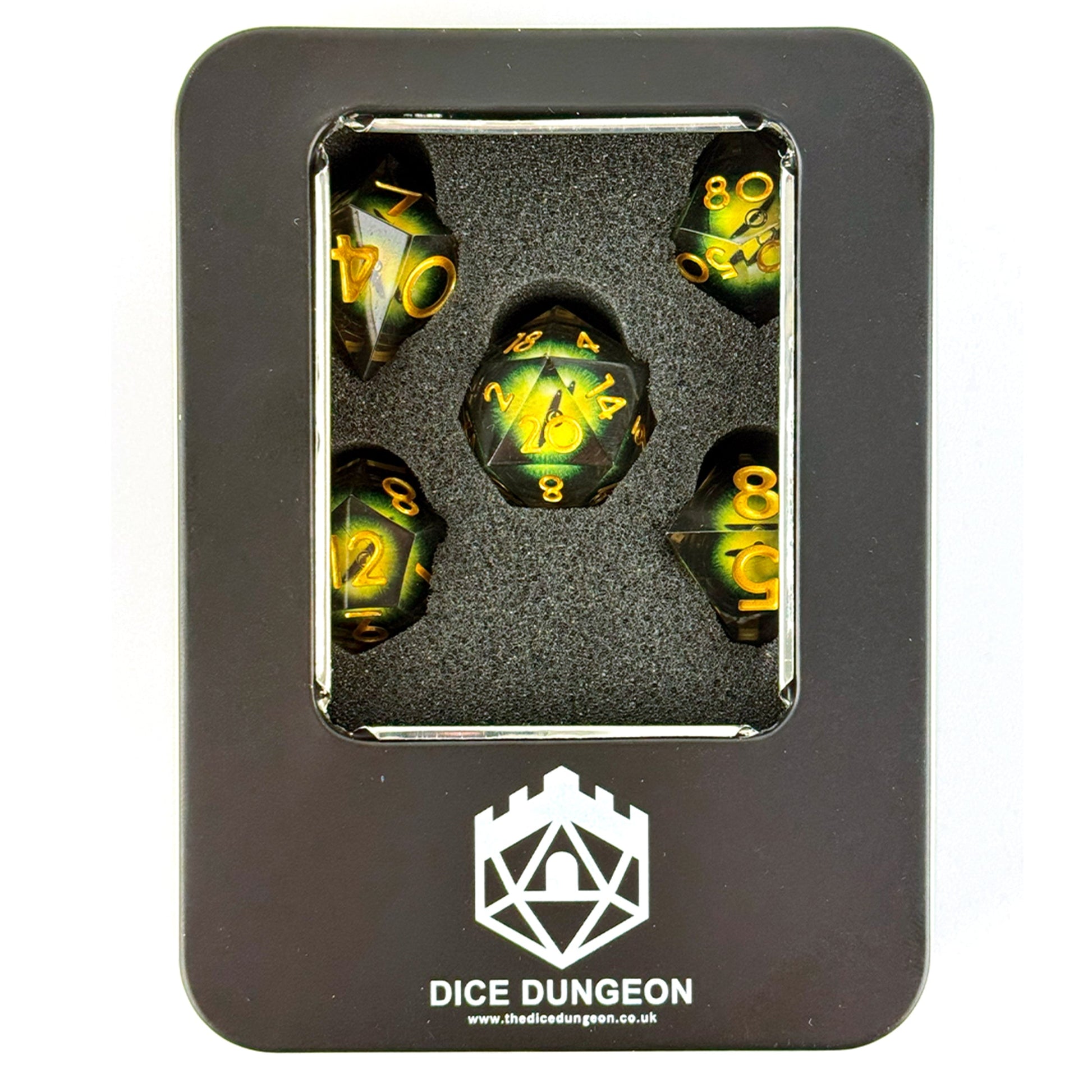 The Witcher Atomic Yellow dnd dice set with tin