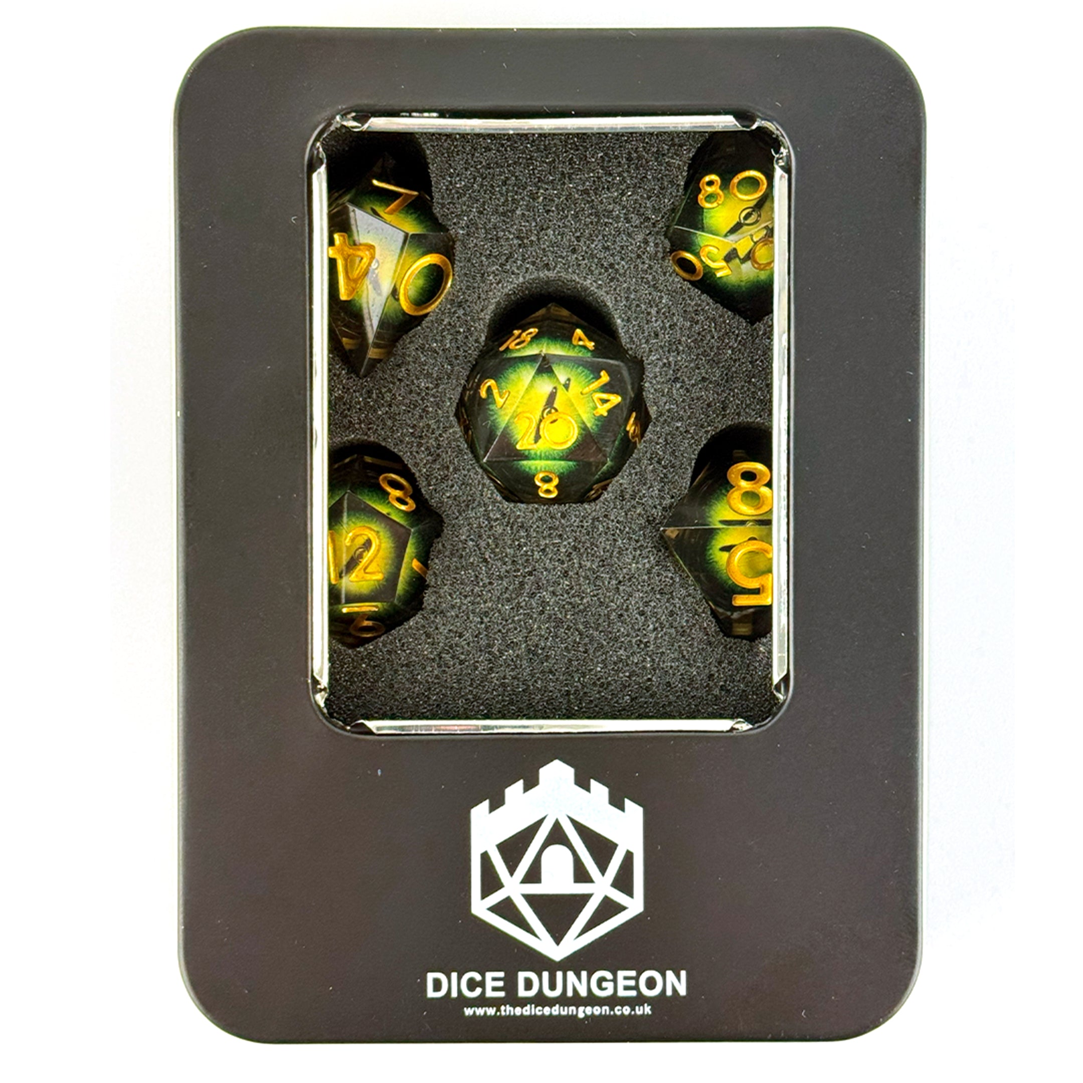 The Witcher Atomic Yellow dnd dice set with tin