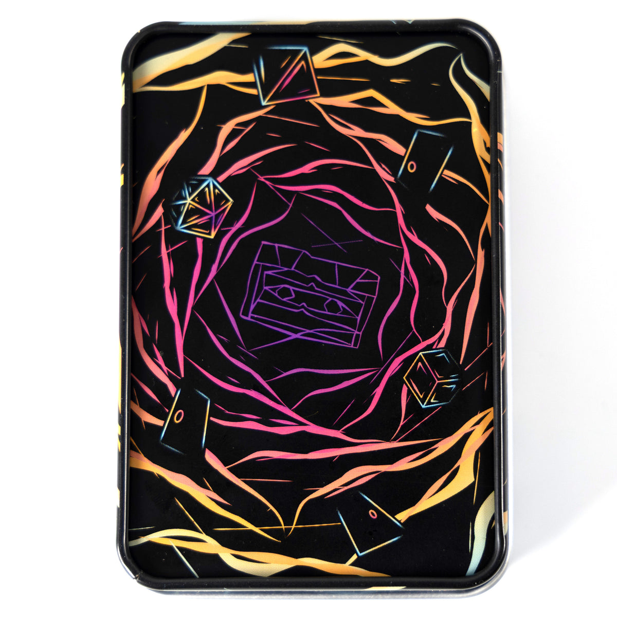 A black rectangular dice tin with rounded corners, featuring a vibrant neon abstract design of swirling pink, orange, and yellow lines with geometric icons on a black background.