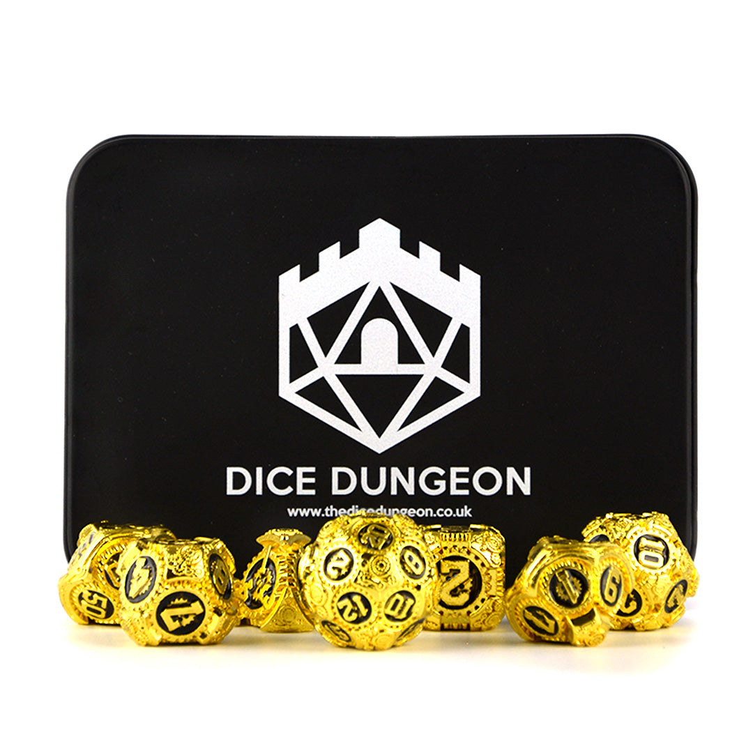 polished gold cog dnd dice metal with tin