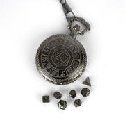 Decorative pocket watch with a design resembling a D20 die, surrounded by small metal dice on a white background.