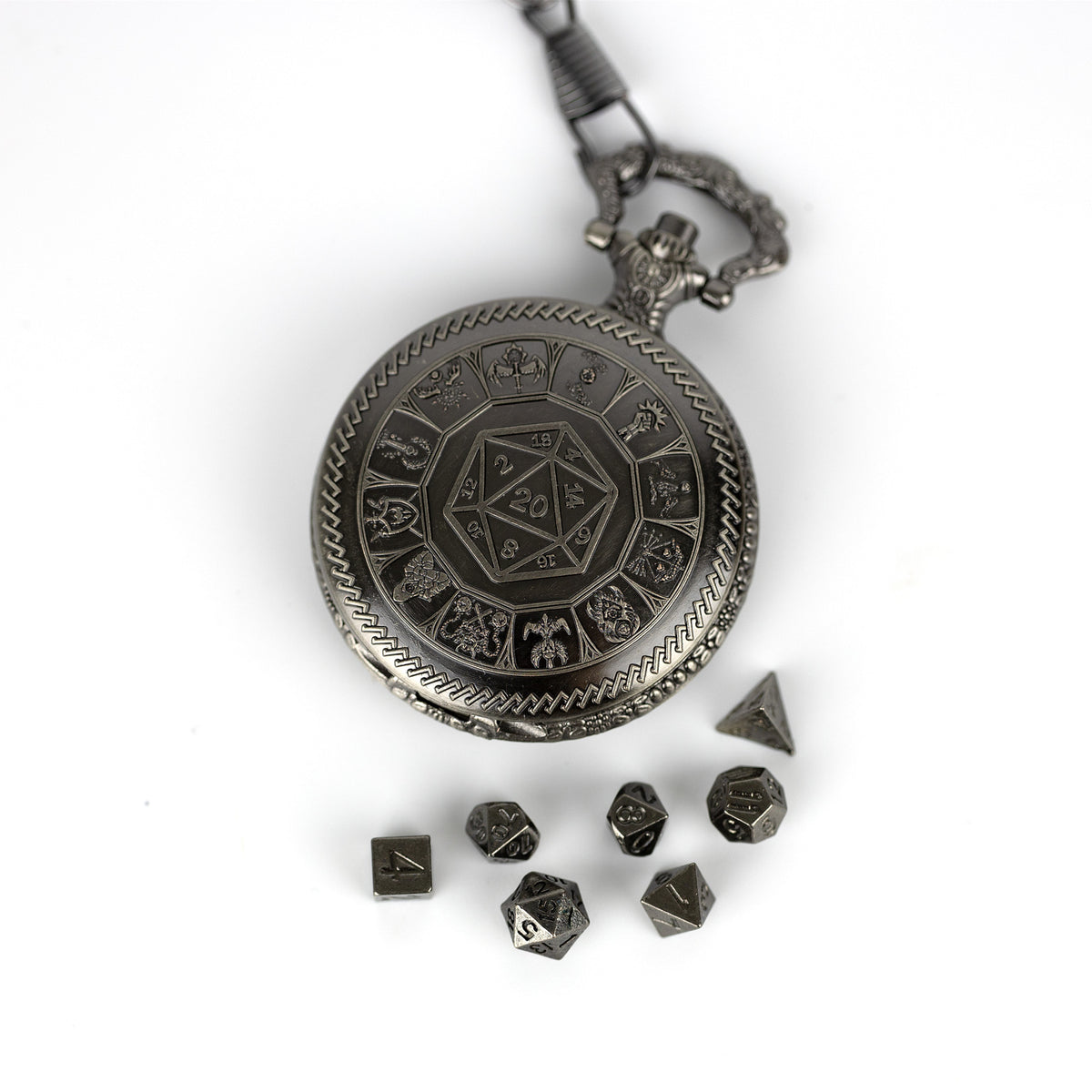 Decorative pocket watch with a design resembling a D20 die, surrounded by small metal dice on a white background.