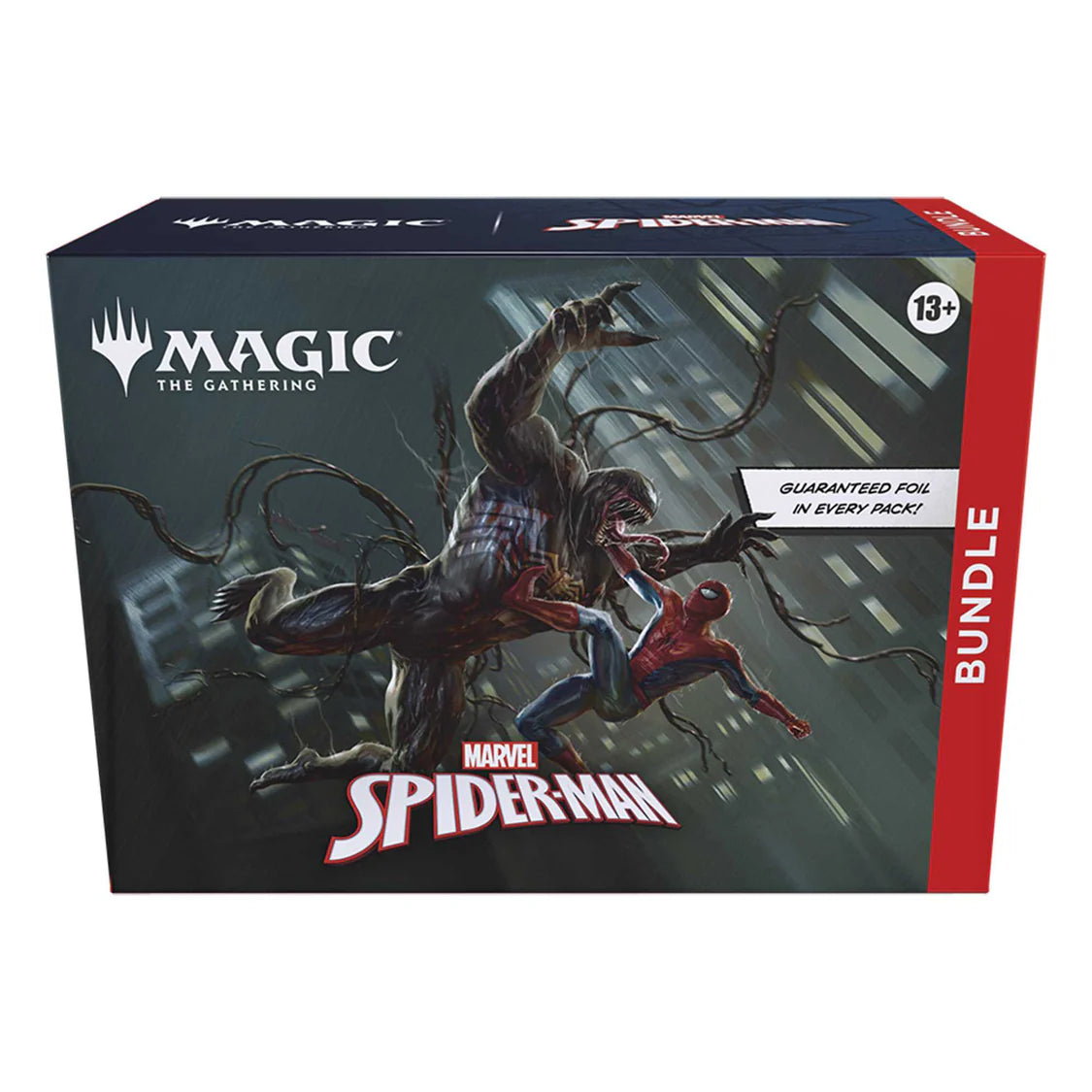 Box for 'Magic: The Gathering' featuring Spider-Man with a cityscape background