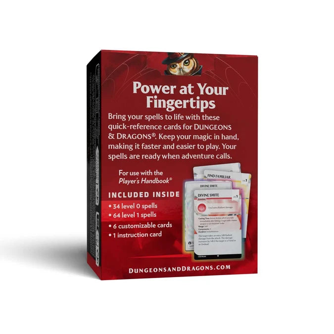 Dungeons & Dragons 'Power at Your Fingertips' quick-reference card deck box shown on a white background. The red packaging features an owl logo and details about included player handbook, devine sheets, spells, and instruction cards.