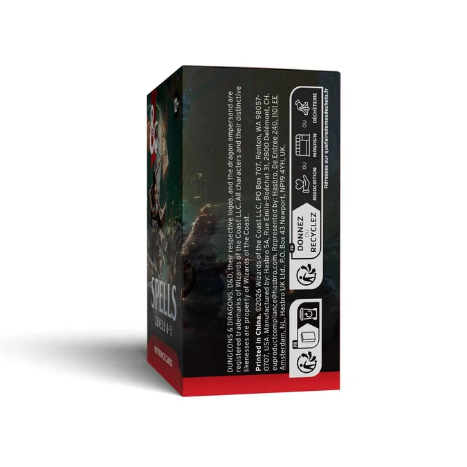 A boxed product shown at a three-quarter angle on a white background, displaying the side panel with product details, barcodes, and recycling icons. The box is predominantly black with a red band at the bottom and dark fantasy artwork.