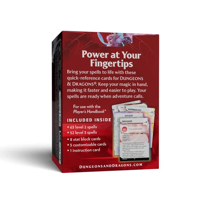 A boxed card product titled "Power at Your Fingertips" for Dungeons & Dragons, shown as a red retail box with printed product information and a small inset showing included cards. No person, animal, or real environment is present, so this is Product/Packaging.