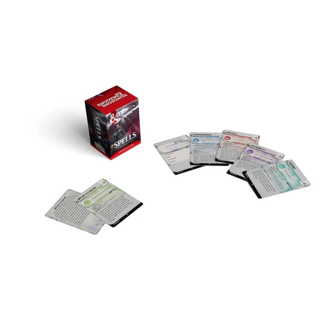Dungeons & Dragons Spell Cards with several printed cards fanned out beside the red and black box on a plain white background.