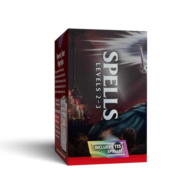 A boxed product labeled 'Spells Levels 2-3' with fantasy artwork on the front, shown at a slight angle on a light gray background. The box is mostly dark red, black, and blue with a red band at the bottom and a small multicolor badge reading 'Includes 115 Spells'.