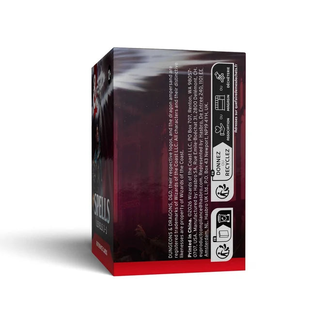 A boxed product shown at a three-quarter angle on a white background, with the back and side panels visible. The box is predominantly black and deep red/purple with white text and recycling icons on the right side.