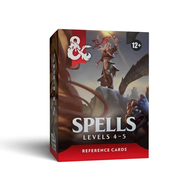 Dungeons & Dragons 5th Edition 'Spells Levels 4-5' Reference Cards box. The box features fantasy artwork of a wizard casting a spell, with the D&D logo in the top left and a red base at the bottom, set against a plain white background with a soft shadow.