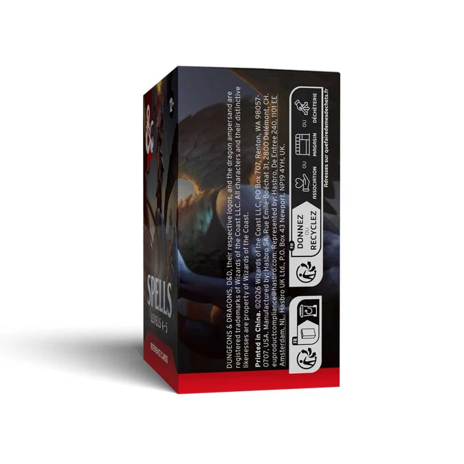 A boxed product shown at a three-quarter angle on a white background, displaying the side panel with product details, a fantasy illustration, and recycling icons.