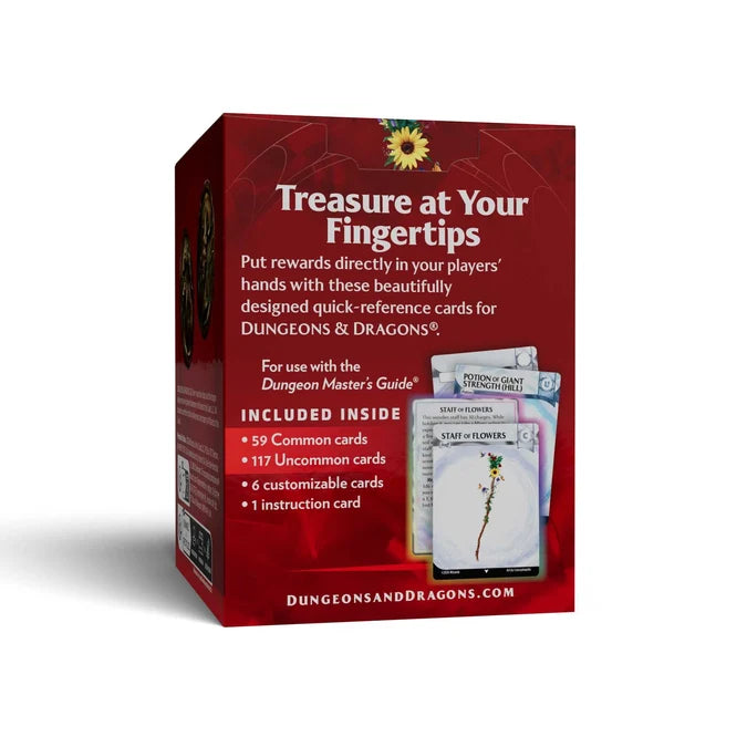 Red box packaging for 'Treasure at Your Fingertips' game components with text and images of cards on a white background.