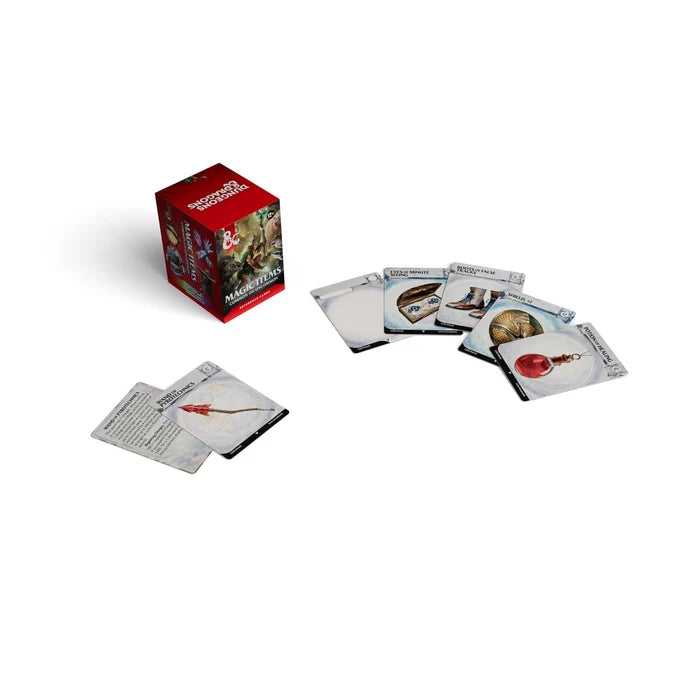 Magic: The Gathering card game components on a white background, including a red branded box, several cards, and a few loose cards showing illustrated game pieces.