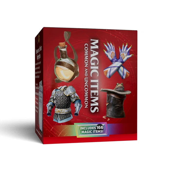 Box of 'Magic Items' with illustrations on a red background