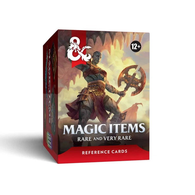 Card game box titled 'Magic Items: Rare and Very Rare' with a character illustration on a white background