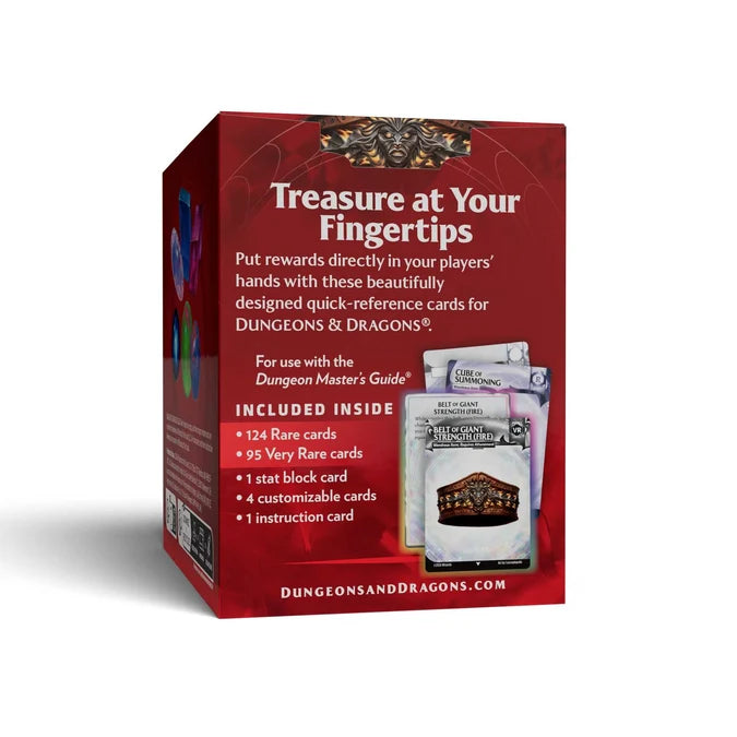 Treasure at Your Fingertips box for Dungeons & Dragons, shown as a red product box with white text and a small card pack pictured on the front, photographed on a light gray background.