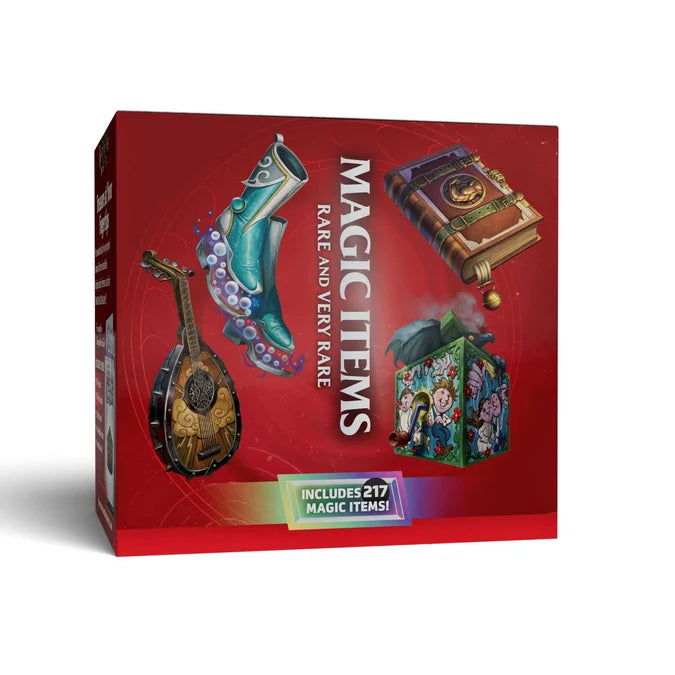 A red rectangular product box for a set called 'MAGIC ITEMS: RARE AND VERY RARE', showing illustrated magic-themed objects such as a lute, a teal boot, a book, and a colorful box, with a banner reading 'INCLUDES 217 MAGIC ITEMS!'.
