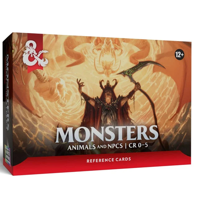 A boxed card product titled Dungeons & Dragons "Monsters: Animals and NPCs | CR 0-5" with fantasy artwork showing a dark figure holding a scythe in front of glowing orange beast-like forms. The box has a red band at the bottom and visible A&A logo branding on the upper left.