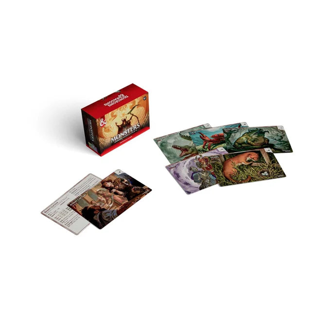 Card game with monster-themed cards and a red box on a white background