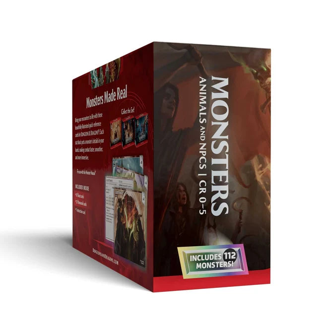 A boxed product package titled "MONSTERS" shown at a three-quarter angle on a white background. The box is primarily dark red and black with fantasy artwork, large white title text, and a badge that reads "INCLUDES 112 MONSTERS!".