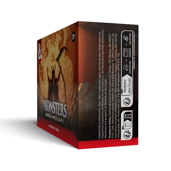 A boxed card game product shown at a three-quarter angle on a plain white background. The box is predominantly dark brown and black with fiery orange artwork on the front, white title text reading 'MONSTERS', and a red base band.