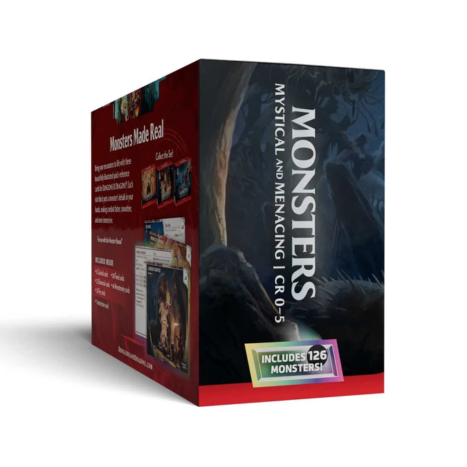 A boxed product package titled "Monsters" shown at a three-quarter angle on a white background. The box is primarily dark blue/black with red side panels, large white vertical "MONSTERS" text, and a badge reading "Includes 126 Monsters!".