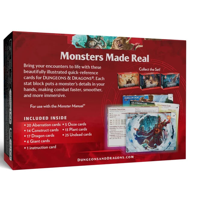 Dungeons & Dragons Monsters Made Real collectible card set box shown at a three-quarter angle on a plain white background, displaying the red packaging with product details and included card counts.