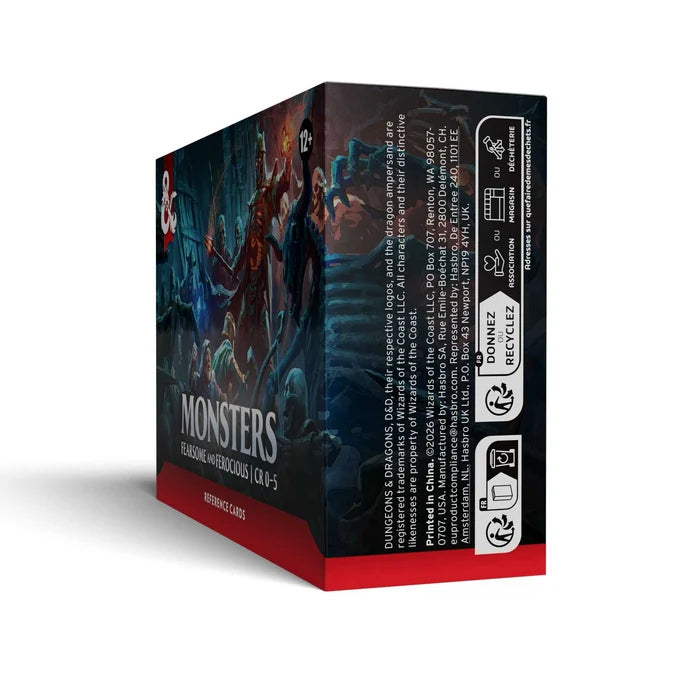A boxed card game product shown at a three-quarter angle on a white studio background. The box is dark with illustrated monster artwork, large white 'MONSTERS' text, and a red base band.