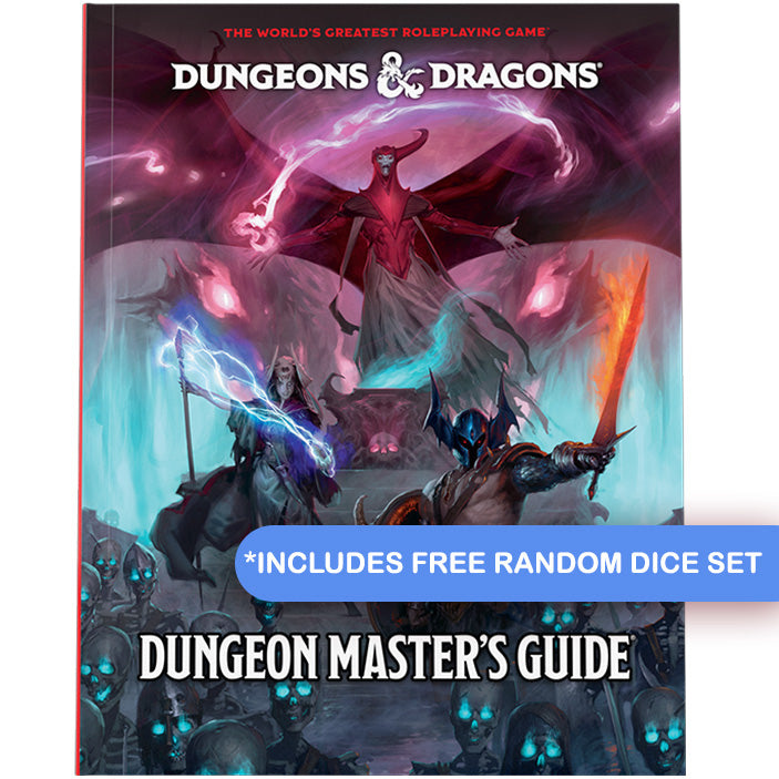 Dungeon Master Guides 2024 with text that reads "includes free random dice set"