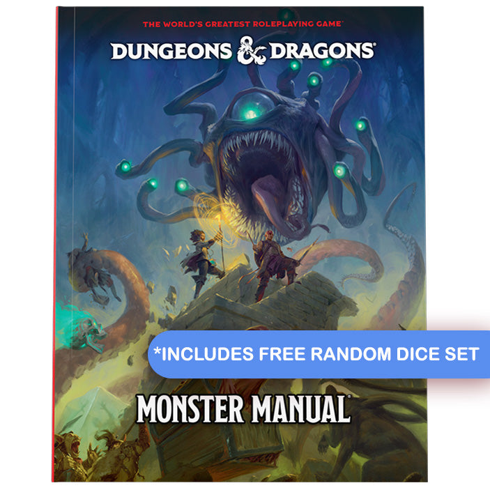 Monster Manual D&D 2024 with text that reads "includes free random dice set"