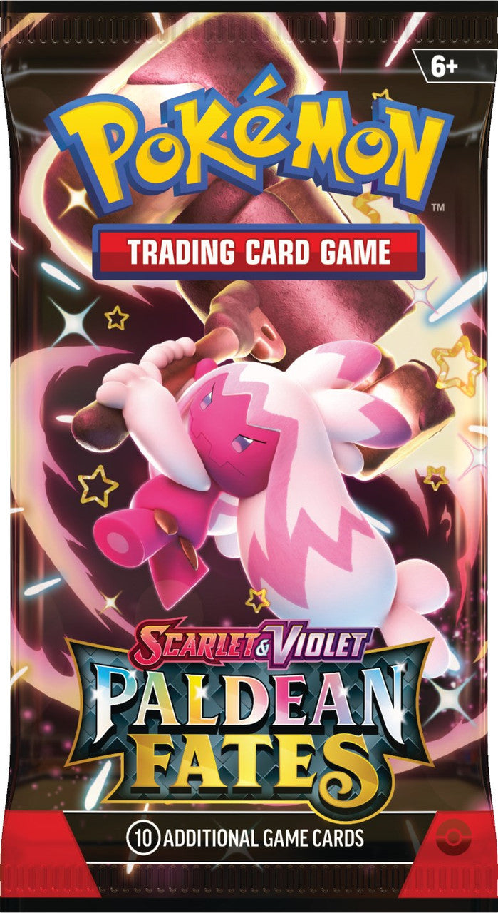 Pokémon Trading Card Game Paldean Fates pack with a pink creature illustration on a dark background.