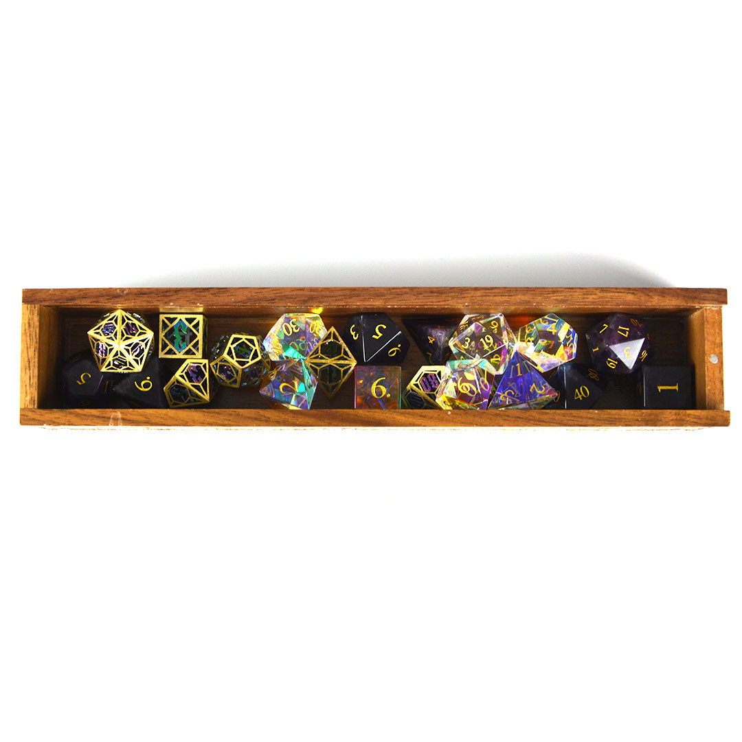 dnd dice storage vault open with multiple dice