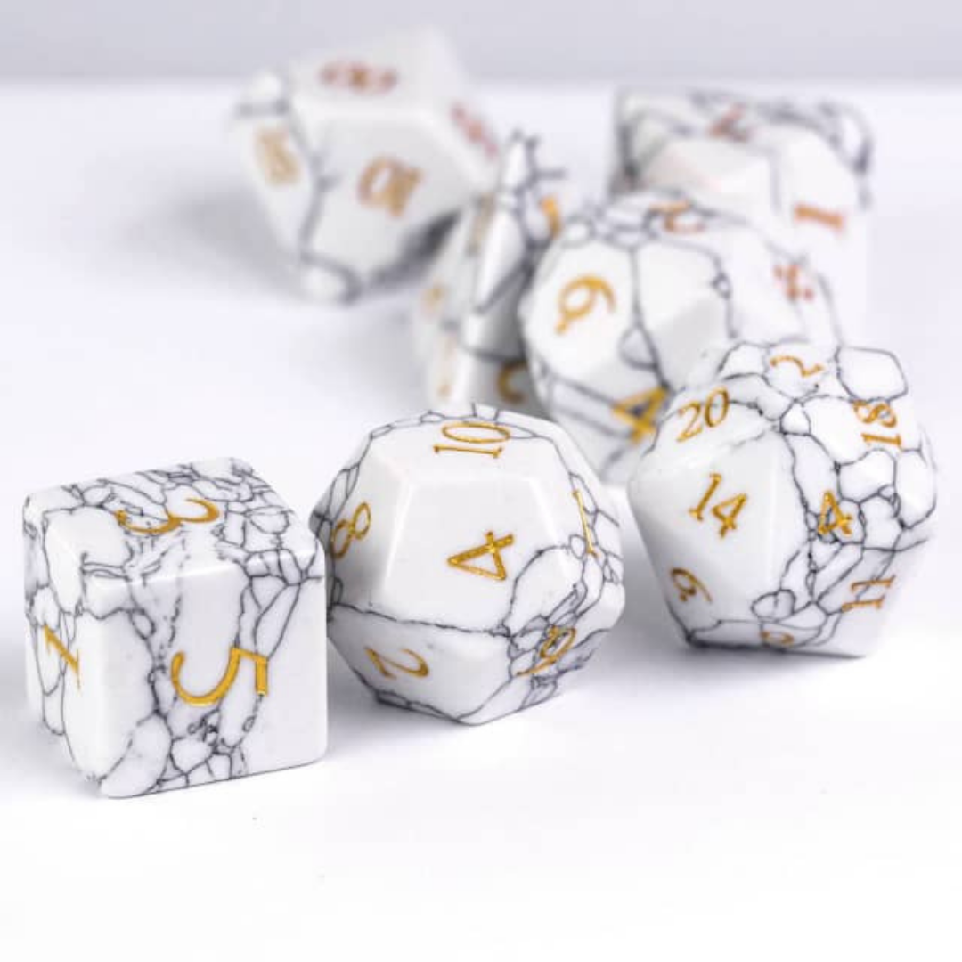 White texture turqouise gemstone dnd dice set close up