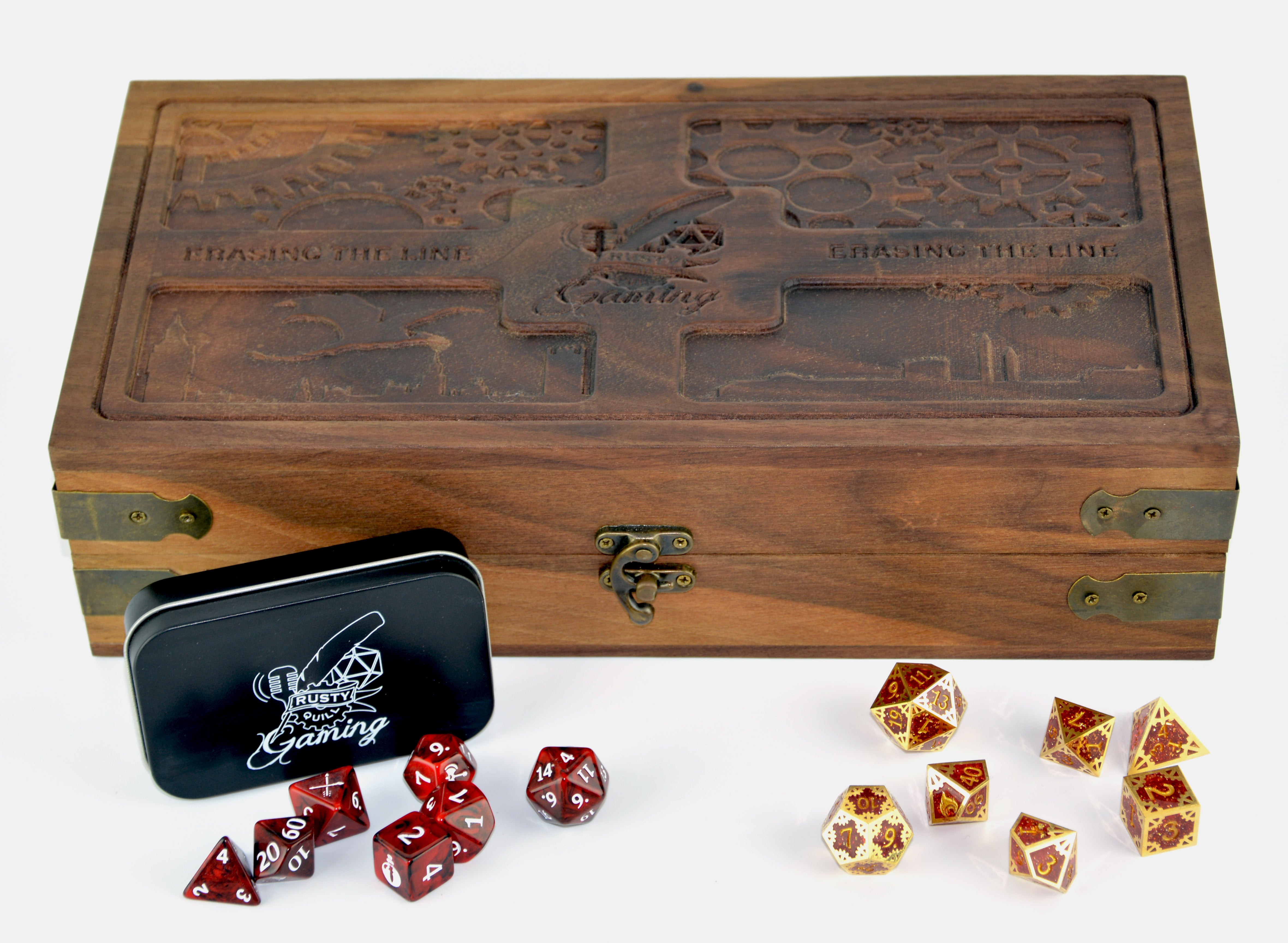 Collectors wodden box and resin dice. featured with the acrylic dice with metal tin