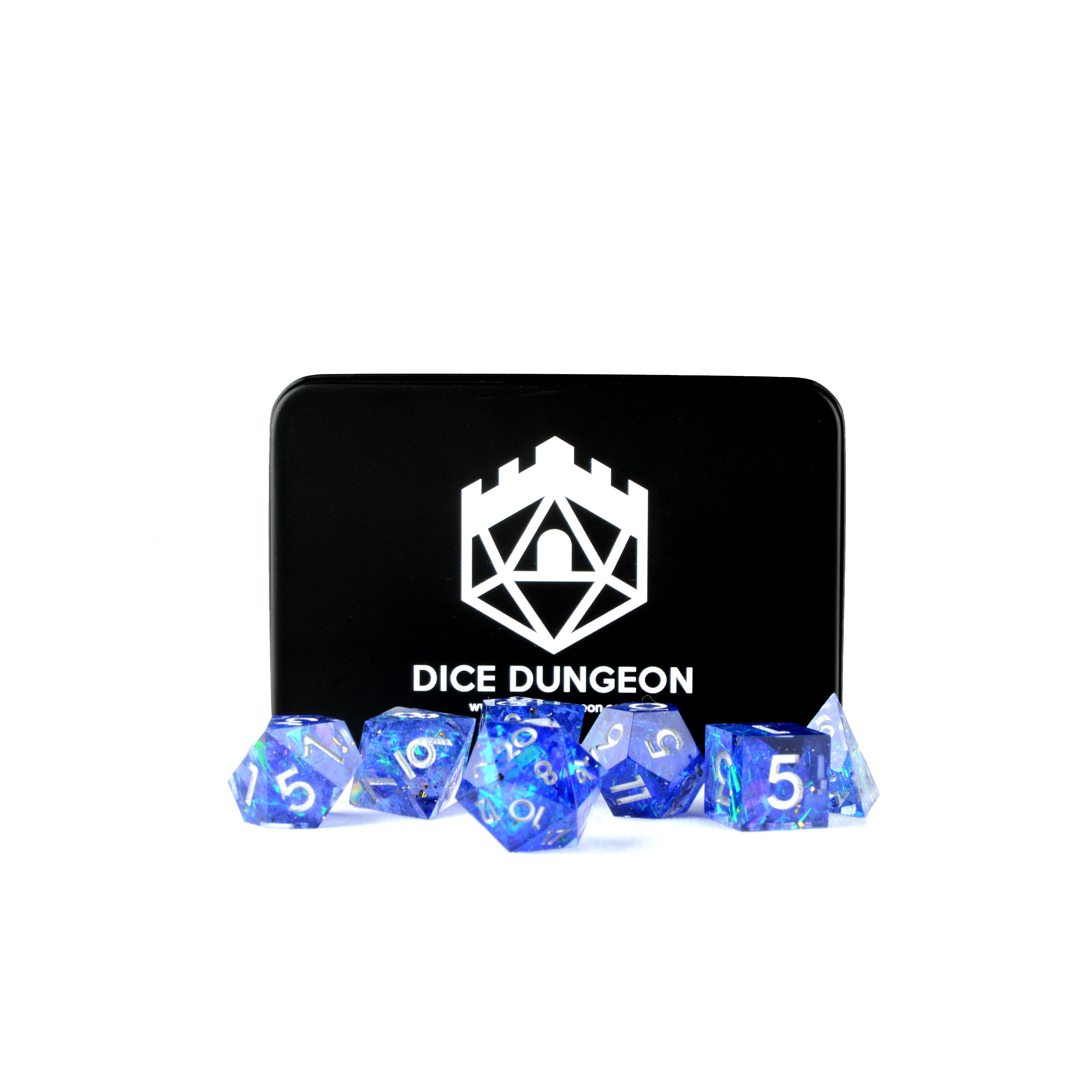 blue sharp edge dnd dice set with tin