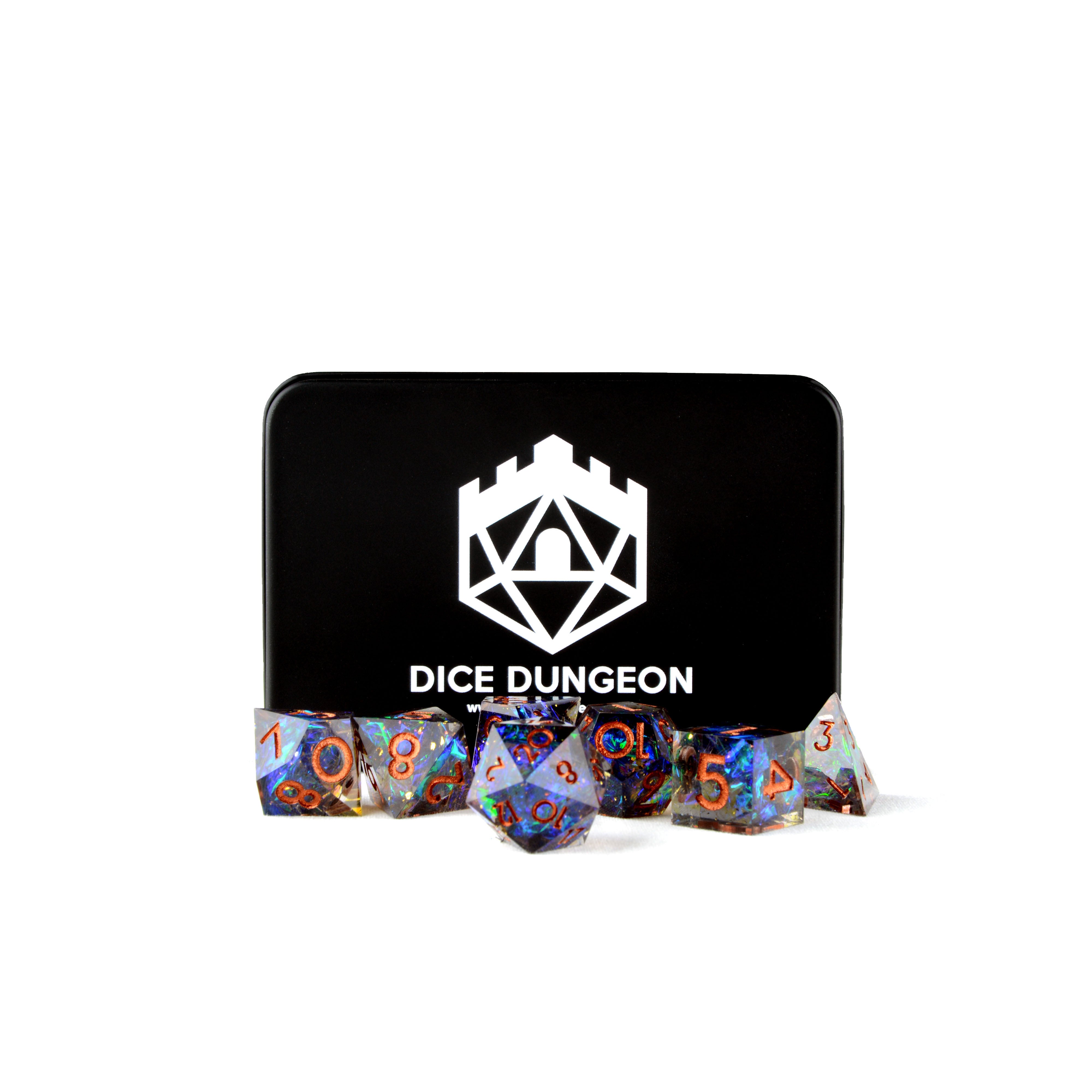 purple sharp edge dnd dice set with tin