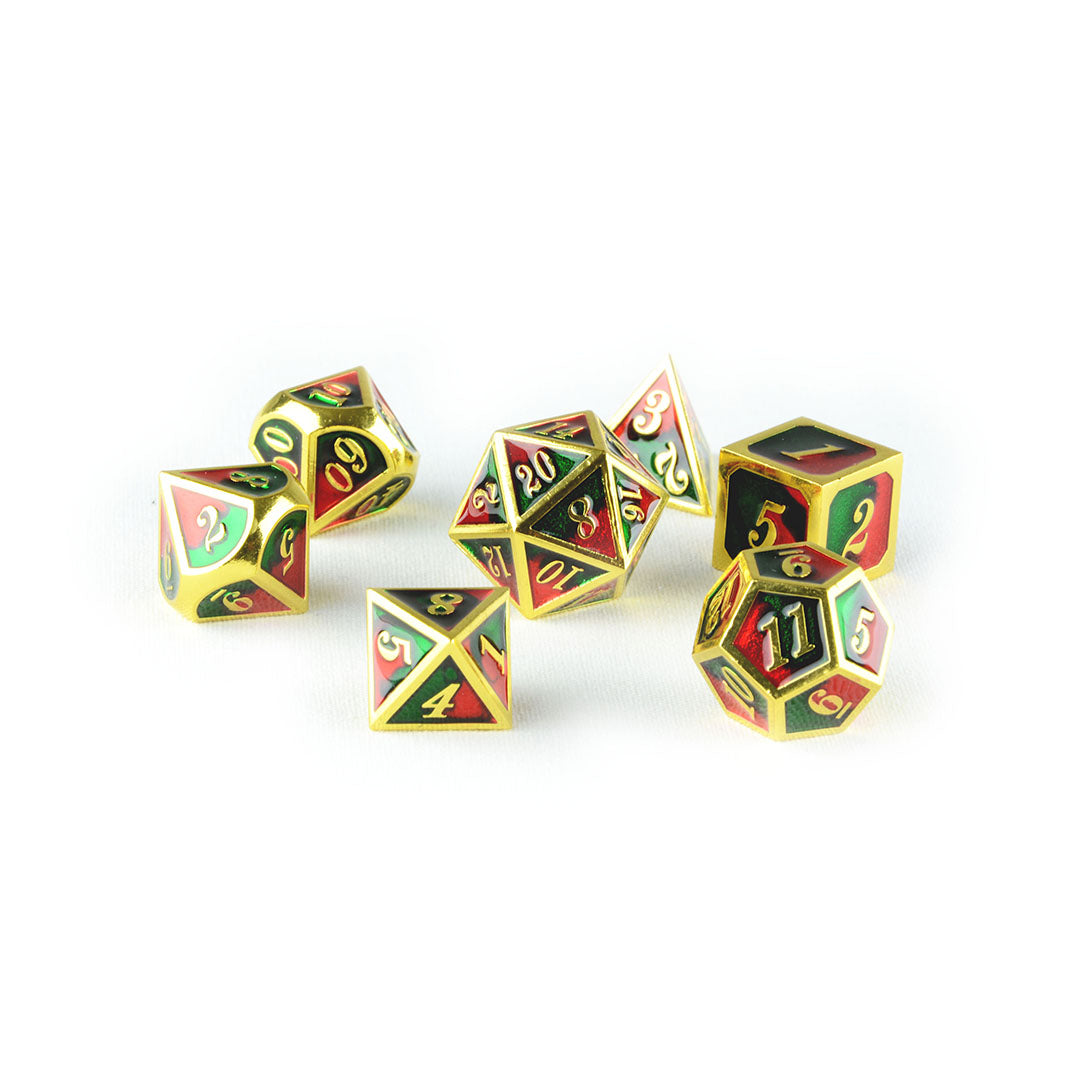 green red and purple dnd dice set 