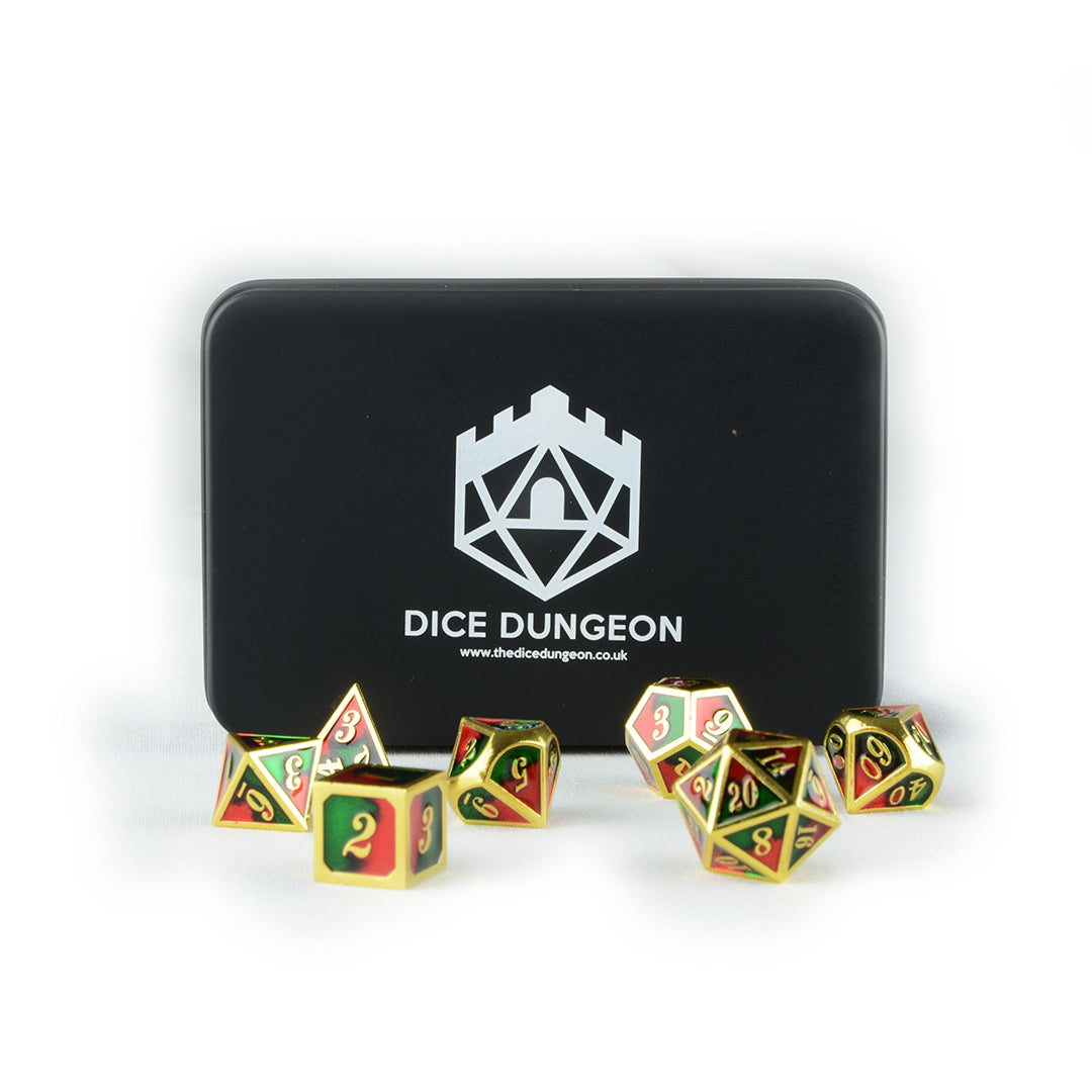green red and purple dnd dice set with tin