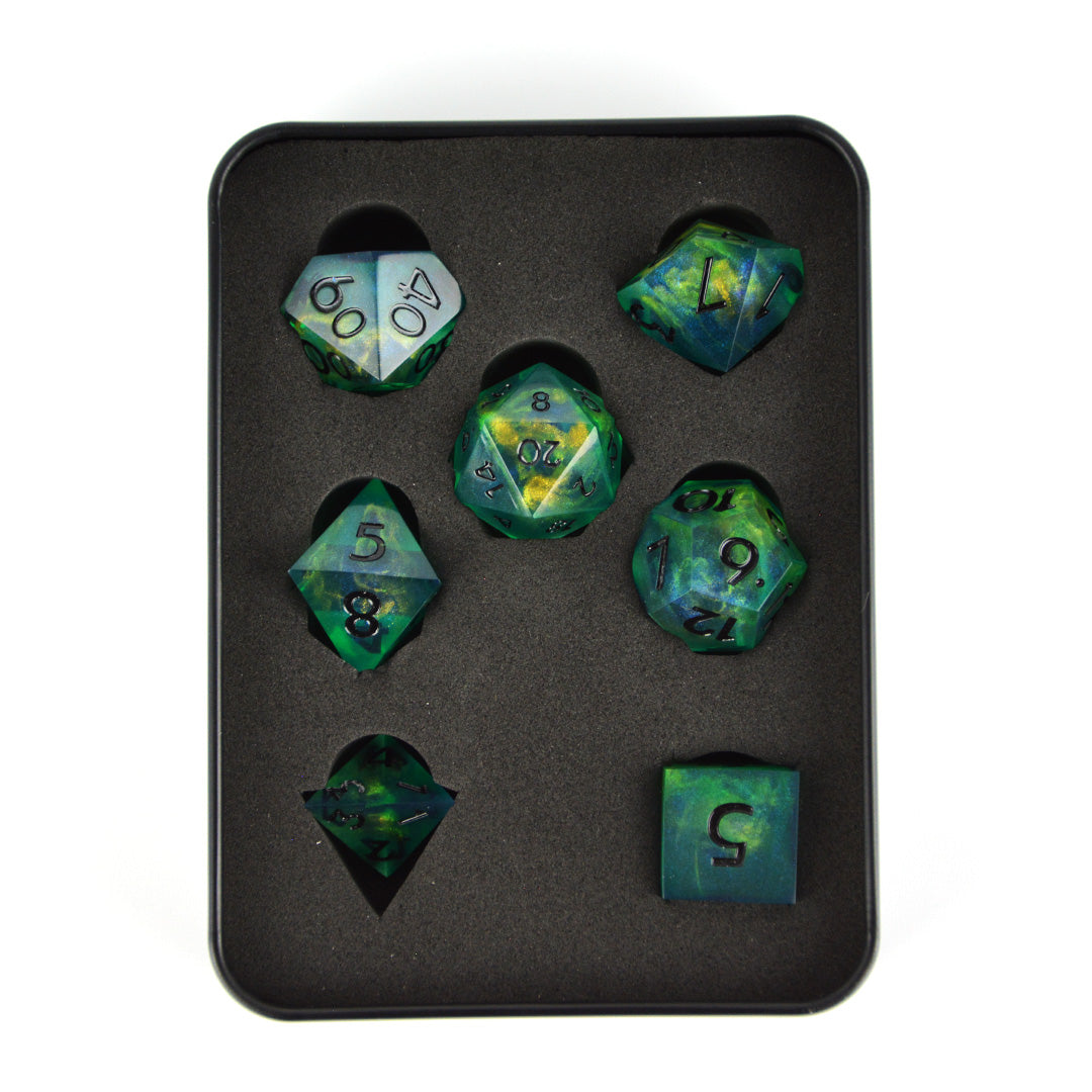 Green Dragons Fury green with gold leaf resin dnd dice set with tin