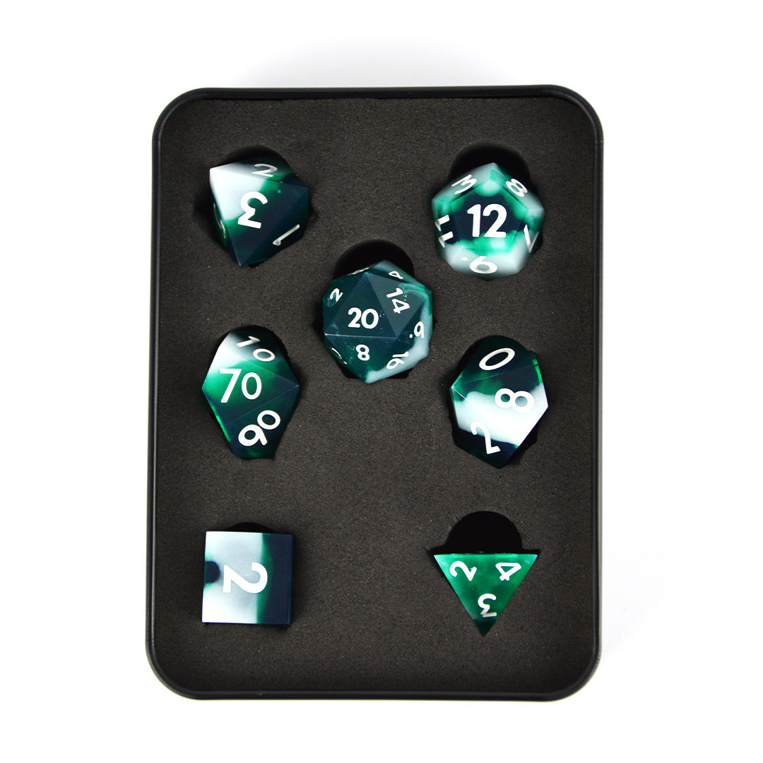 Necromancy green and white resin dnd dice set with tin
